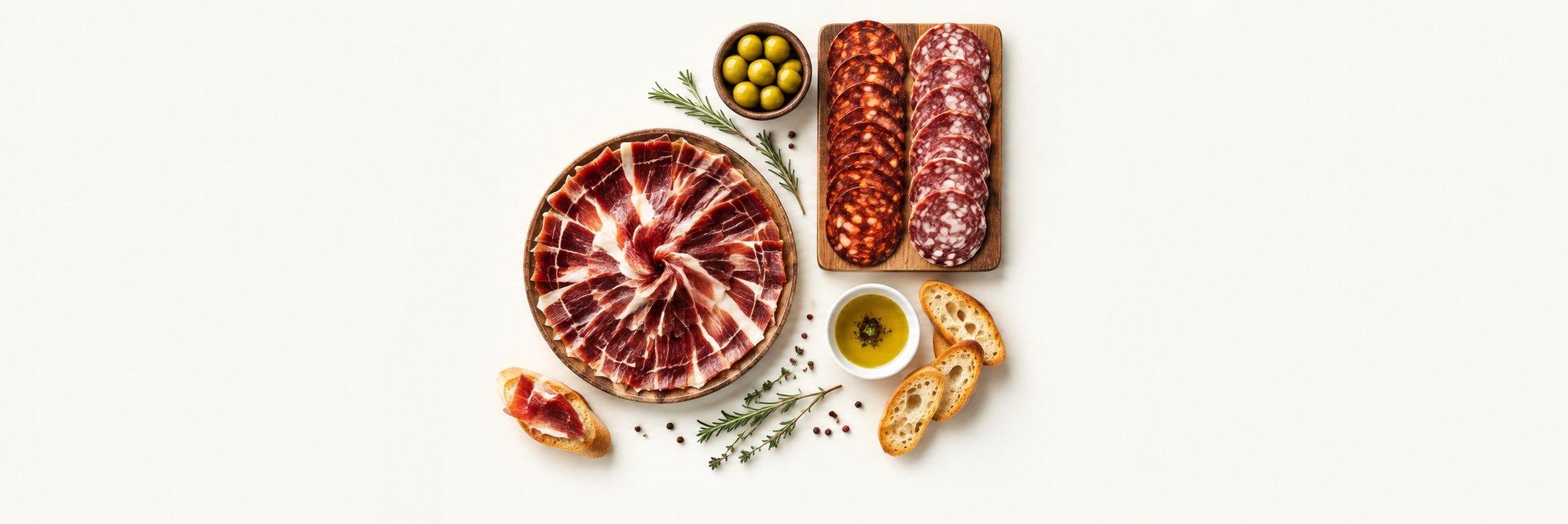 Selección de ibéricos Jamón y Salud: plato de jamón cortado a cuchillo, loncheados de chorizo y salchichón, aceitunas, pan con aceite de oliva y romero